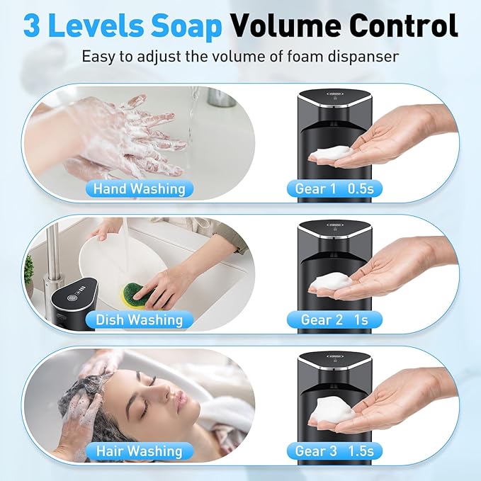 Fantictas Automatic Soap Dispenser,Touchless Hand Wall Mount Rechargeable 3 Gear Adjustable Electric Soap Dispenser 350ml with Infrared Motion Sensor for Bathroom,Kitchen,Office, Black Foam