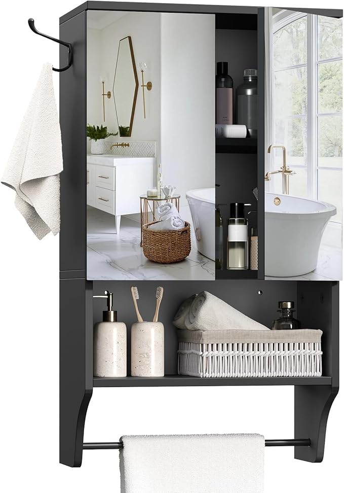 MAHANCRIS Bathroom Wall Cabinet with Mirror, Medicine Cabinet with 2 Door and Adjustable Shelf, Wall Mounted Over The Toilet Storage Cabinet with Towel Bar for Bathroom Laundry Room Kitchen, Black