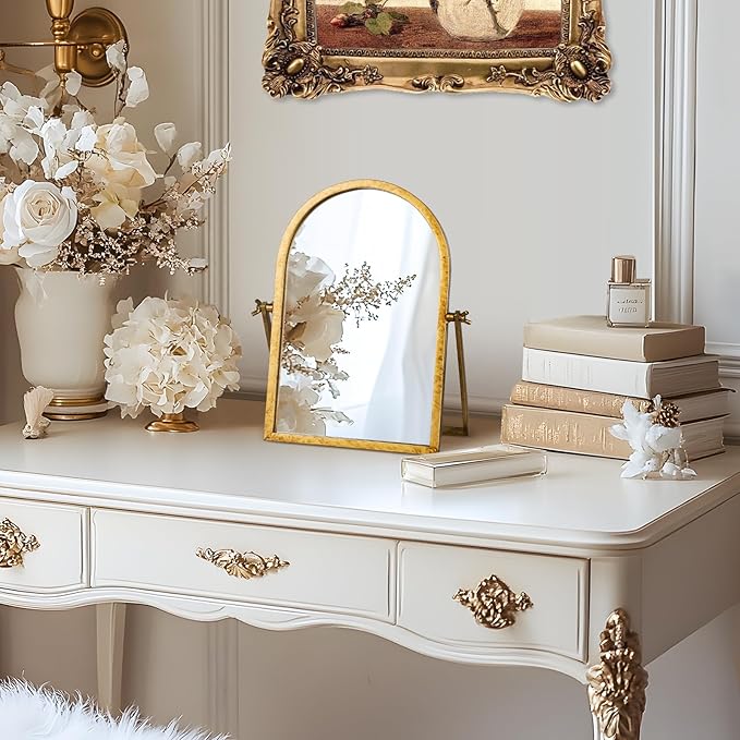Vintage Makeup Desk Mirror, 11.8" L x 7.9" W Antique Gold Vanity Table Mirror, Metal Framed Arched Small Standing Mirrors, 360 Adjustable Rotation Mirrors for Tabletop, Bathroom