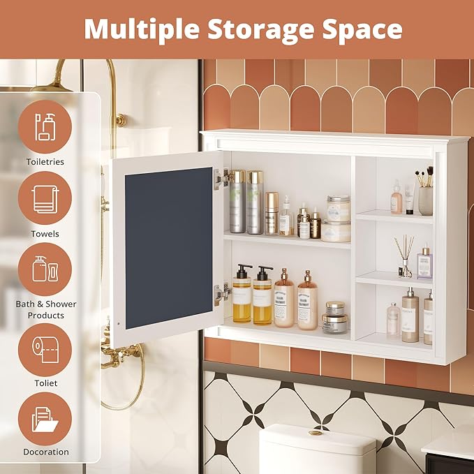 Merax Bathroom Medicine Cabinet with Mirror, 36" x 28" Wall Mounted Medicine Cabinet with Single Door and Shelves, Over The Toilet Mirrored Bathroom Storage Wall Cabinet