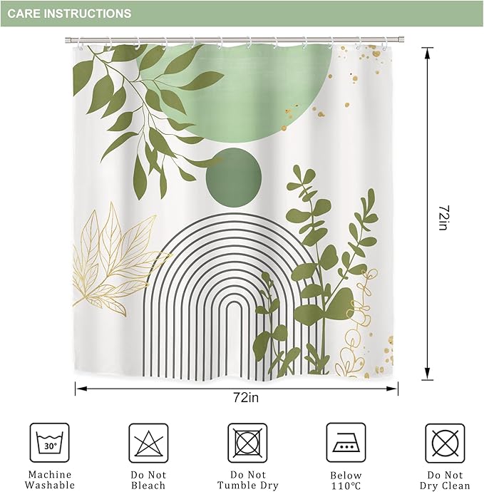 Riyidecor Boho Light Green 4Pcs Bathroom Shower Curtain Sets Mid Century Modern Minimalist Abstract Bathroom Decor Set with Rugs and Accessories Leaf Toilet Lid Rug, Contour and Bath Mat with 12 Hooks