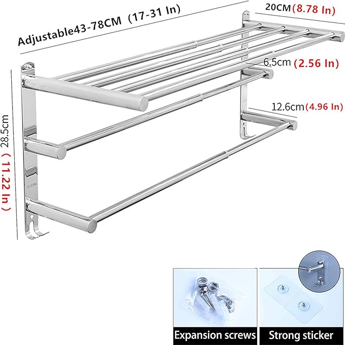 Towel Rack Retractable 19.7 -31.5 Inch Towel Bars Stainless Steel 304 Strong 3M Adhesive Bathroom Wall-mounting Hole-Free mounting Hole-Installing washroom Kitchen Space Saving 3-Tier Shelf Towel Rack