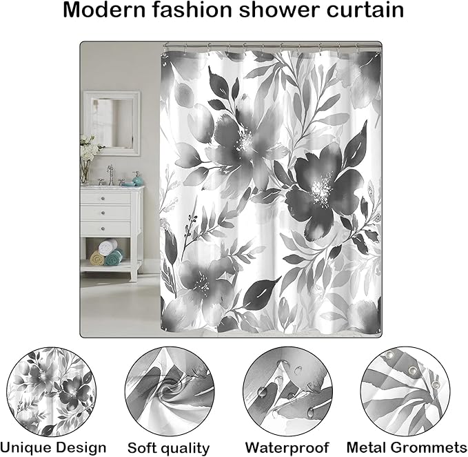Floral Shower Curtain, Grey Watercolor Flower Shower Curtains for Bathroom, Modern Minimalist Waterproof Fabric Bath Curtain 72x72 Inch