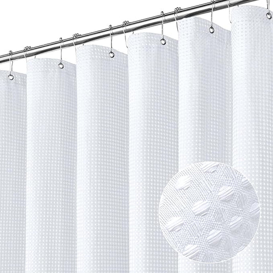 MitoVilla Extra Long Shower Curtain 72 x 84, White Waffle Farmhouse Fabric 84 inch Shower Curtain, XL Shower Curtains for Bathroom Decor, Luxury Weighted Shower Curtain 84 inch