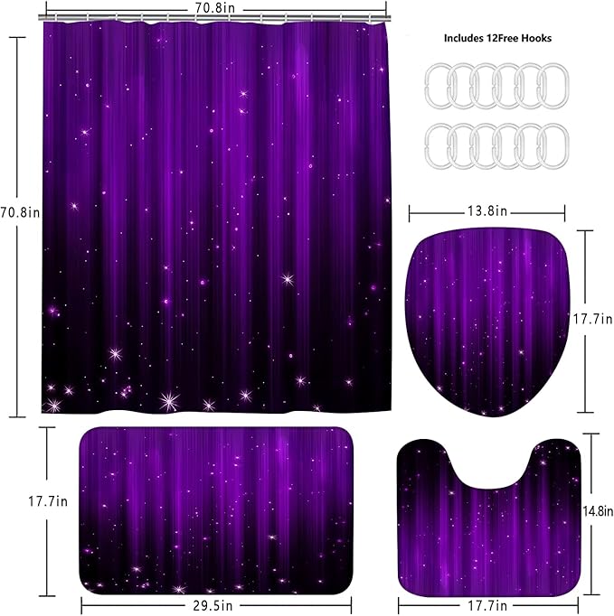 Yddsky 4 Pcs Purple and Black Shower Curtain Sets Non-Slip Rugs Bath Mat Toilet Cover, U-Shaped Mat, Gradient Shower Curtain with 12 Hooks, Black and Purple Bathroom Set