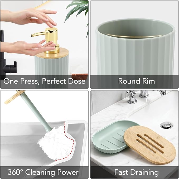Bathroom Accessory Set, 10 Pieces Bath Set- Wicker Trash Can Tissue Box Soap Dish Toothbrush Holder Rinse Cup Lotion Bottle Toilet Brush Qtip Holder - Practical Bathroom Decor Sets (Green, Bath Set)