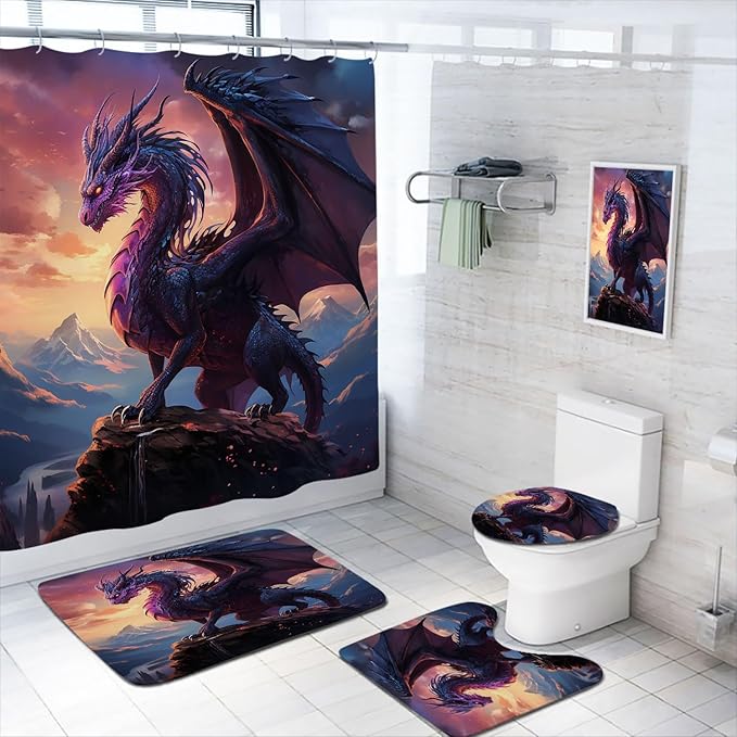 4 Pcs Dragon Bathroom Shower Curtain Set with Rug, Toilet Lid Cover and Bath Mat, Abstract Magic Medieval Blue Animal Bathroom Shower Curtain with 12 Hooks Accessories Decorative