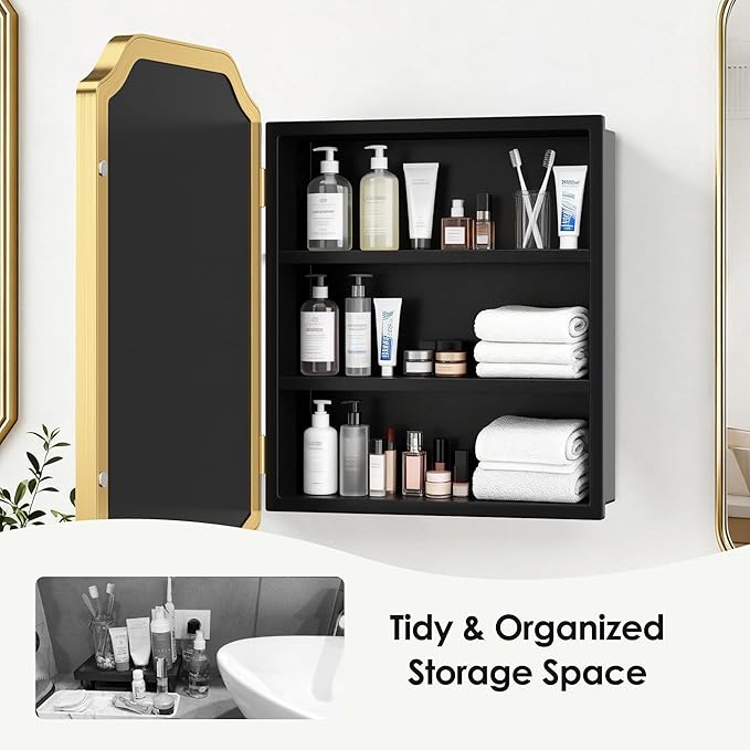 SogesHome Recessed Bathroom Mirror Medicine Cabinet with Storage, 15.7 x 23.6 Inch Wall Mounted Modern Octagon Vanity Organizer with Shelves, Space-Saving Elegant Bathroom Storage, Gold