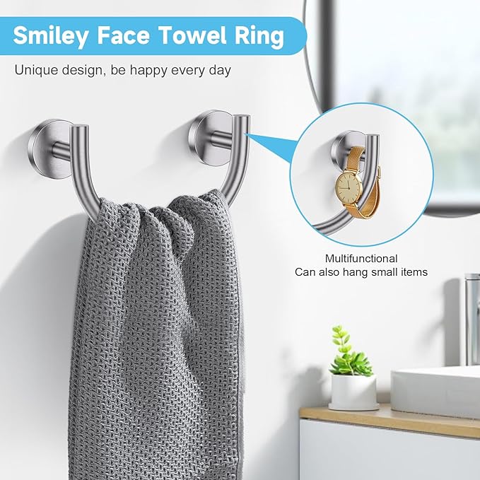 TNOMS Brushed Nickel Smiley Face Towel Ring Bathroom Hand Towel Holder Stainless Steel Wall-Mounted Bathroom Hardware Accessories Towel Rack