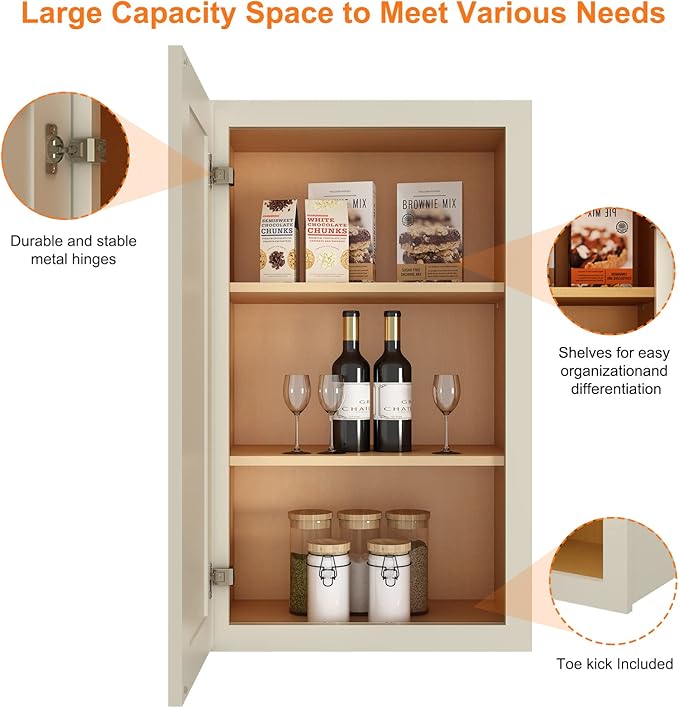 ROOMTEC Wood Wall Cabinet,RTA Single Door Medicine Cabinet with Adjustable Shelves and Soft-Close Door for Kitchen, Bathroom, and Laundry. 12" D*18" W*30" H, Shaker Antique White