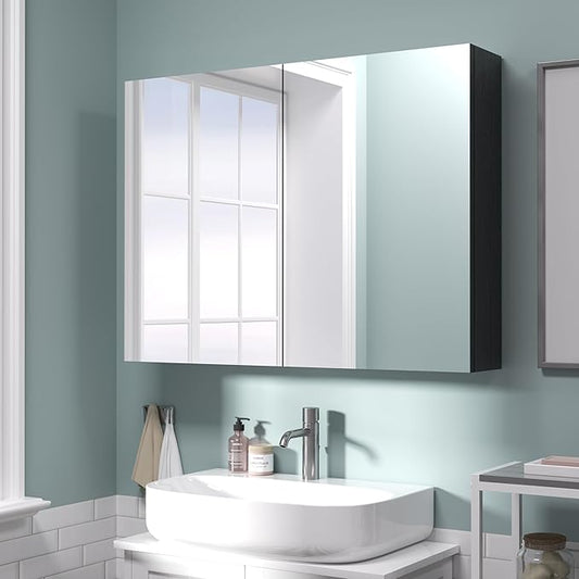24x32 inch Bathroom Wall Cabinet, Saver Storage Cabinet, Medicine Cabinet with 2 Door and Adjustable Shelves, Black（Assembly Required）