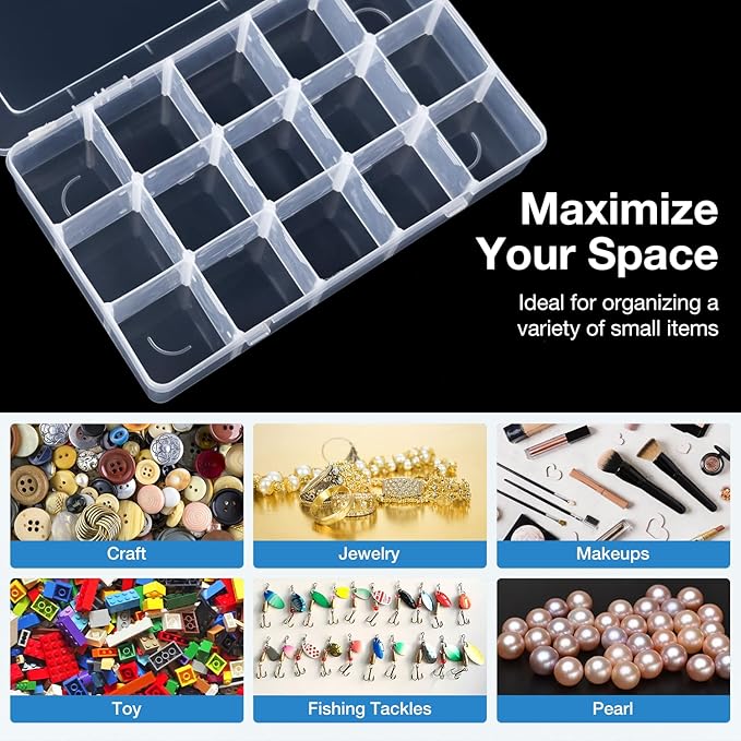 Benbilry 2 Pack 15 Grids Clear Storage Containers Plastic Organizer Box Craft Storage Boxes with Adjustable Dividers for Beads Organizer Art DIY Fishing Tackles Jewelry Crafts