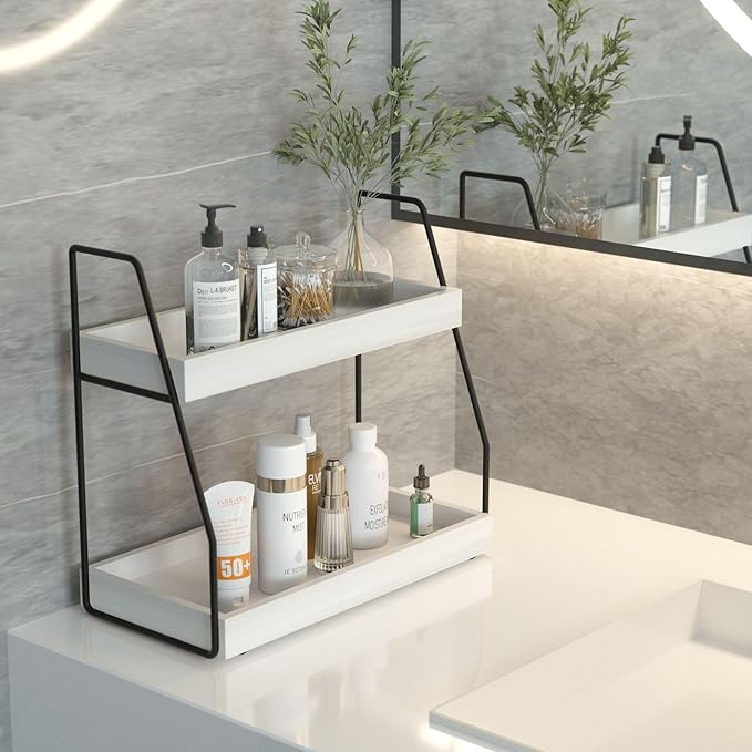 Bathroom Organizer Countertop, 2 Tier Small Counter Top Organizer for Bathroom, Decor, Modern Kitchen Counter Shelves for spice, Makeup Storage (black&white,2 Tiers)
