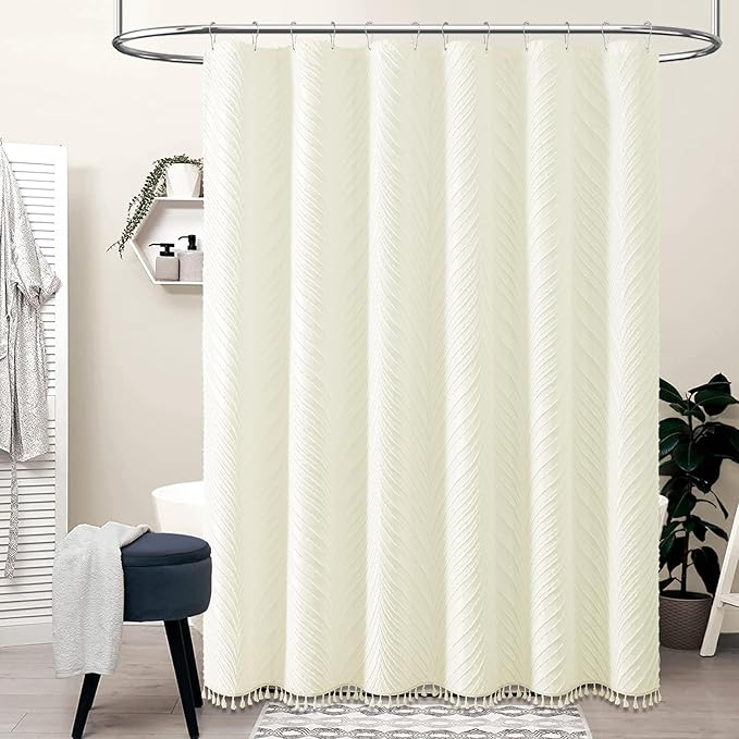 BTTN Boho Stall Shower Curtain - 60x72 Tufted Leaves Textured Striped Tassel Shower Curtain Set with 10 Hook, Narrow Modern Farmhouse Shabby Chic Minimalist Shower Curtains for Bathroom, Cream/Beige
