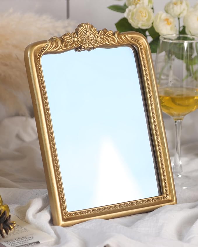 Gold Vintage Vanity Square Mirror, Antique Mirrors for Wall Decorative, Unique Cute Small Mirror, Table Top Makeup Framed Mirrors, Bathroom, Bedroom, Living Room,Fireplace,10.2" L x 7.3" W Gold