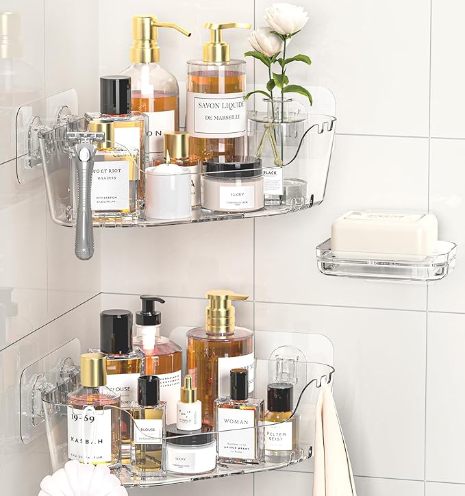 Corner Shower Caddy, 3-Pack Adhesive Shower Organizer with Soap Holder and Hooks, Rustproof Corner Shower Shelves, No Drilling Bathroom Organizer for Bathroom