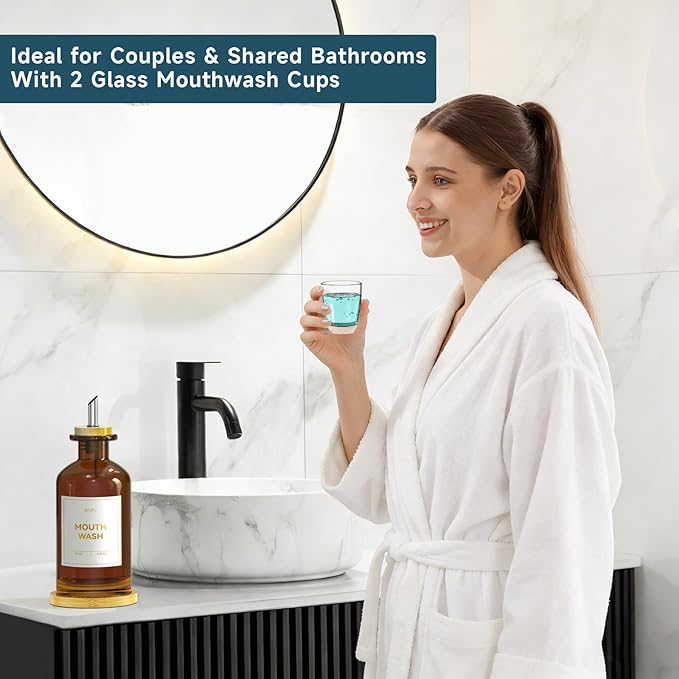 Amber Glass Mouthwash Dispenser for Bathroom Countertop – 14oz/410ml Refillable Mouthwash Bottle with Stainless Steel Pour Spout & Bamboo Tray, Modern Decor for Office, Airbnb, Gym (Amber)