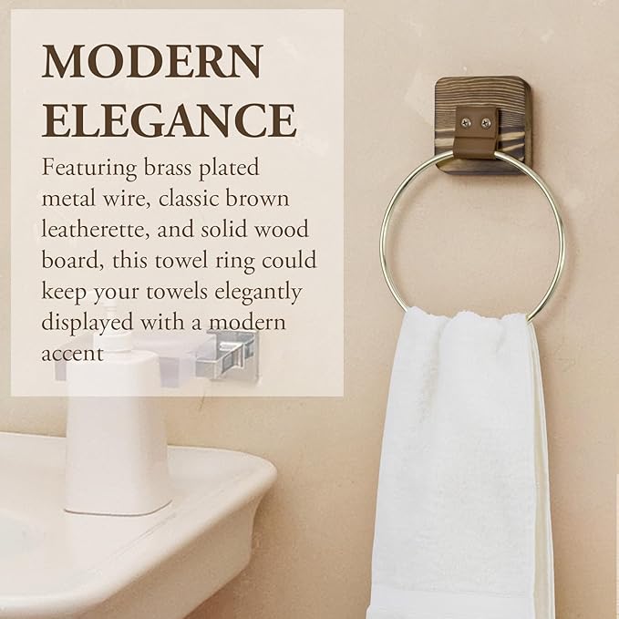 MyGift Brass Tone Hand Towel Ring, Hanging Bathroom Washcloth Towel Holder Rack, Metal with Brown Leatherette Strap and Burnt Wood Wall Mounted