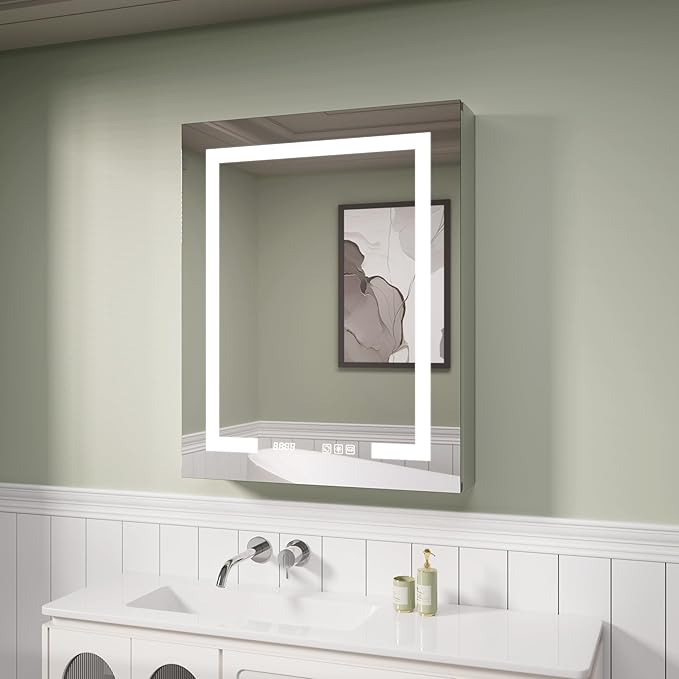 LED Medicine Cabinet Mirror, 24x30 Inch Bathroom Storage, Recessed/Wall Mount, Plug-in/Hardwired, 3 Color Dimmable Light, Anti-Fog, Time Temp Display, Left Hinge