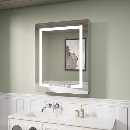 LED Medicine Cabinet Mirror, 24x30 Inch Bathroom Storage, Recessed/Wall Mount, Plug-in/Hardwired, 3 Color Dimmable Light, Anti-Fog, Time Temp Display, Left Hinge