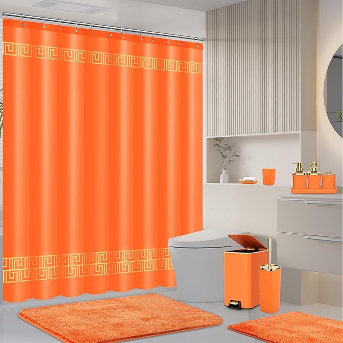 XLHOMO 11PCS Bathroom Sets with Shower Curtain and Rugs Bathroom Accessories Set Orange Bathroom Set,Soap Dispenser & Toilet Brush Holder Set with Stainless Steel Trash Can