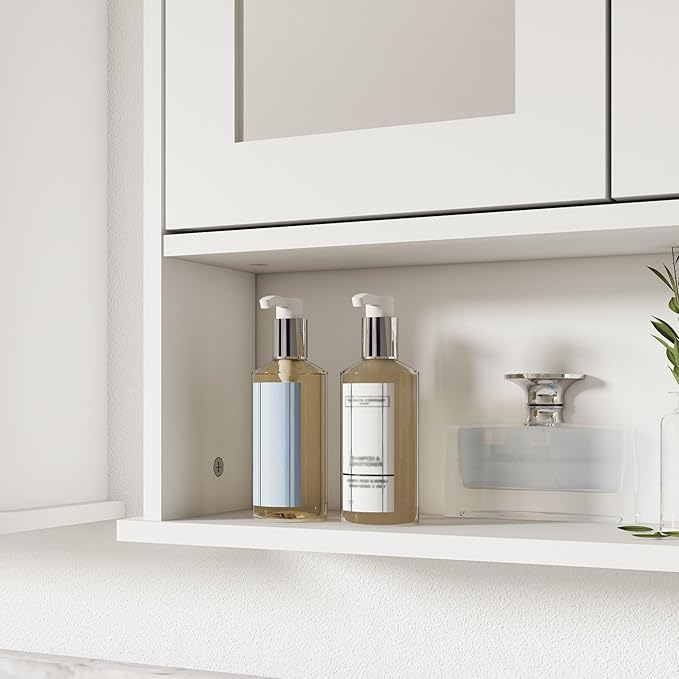 Panana Wall Mounted Bathroom Cabinet Wall Cabinet with 2 Mirrored Doors and Open Compartment, Inner Adjustable Shelf, 22" x 5.1" x 22.8" (White)