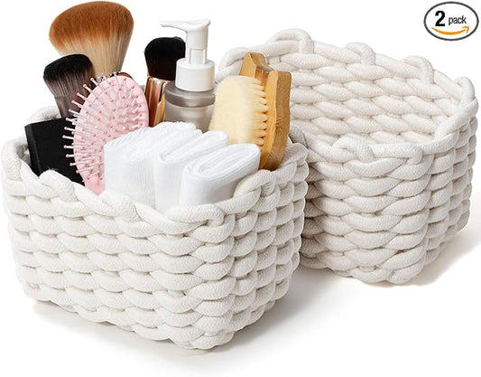Storage Baskets 2 Pack, Macrame Woven Decorative Baskets for Vanity, Desk, Bathroom & Bedroom Organizer, Small Boho Cotton Rope Bins for Cosmetics, Office Supplies, Cream & Khaki, 7x5.5x5 Inches