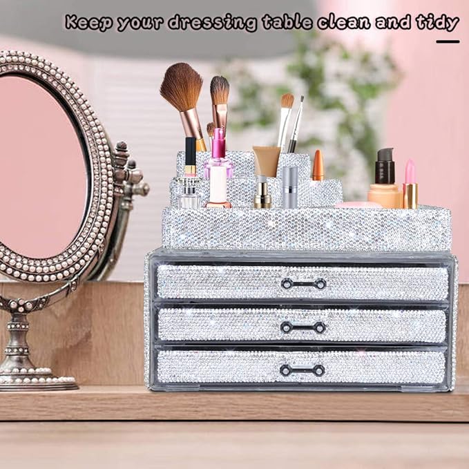 KEYPOWER Makeup Organizers Drawer Bling Diamond,Countertop Jewelry Cosmetic Storage Display Boxes,Makeup Brush Holder,2 Pieces Set(Purely Handmade)(White)
