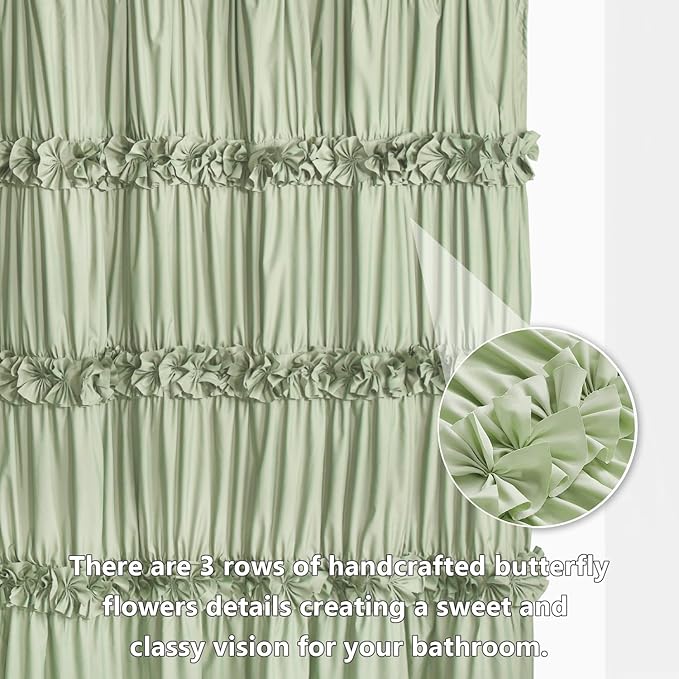 Sage Ruffle Shower Curtain, Vintage Handcrafted Bow Tie Bath Curtain for Master Bathroom, Ruched Microfiber Bathroom Curtain with 12 Buttonholes, 72" W x 72" H (LQ-10)