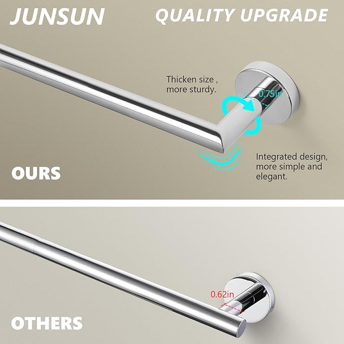 JunSun Polished Chrome Bath Towel Bar 24 Inch Bathroom Towel Rack Towel Holder Modern Home Decor Towel Rod Bathroom Hardware Chrome Towel Hanger Towel Rail Towel Shelf Single Towel Bars Wall Mounted
