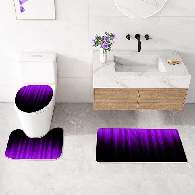 Litabel 4 Pcs Purple and Black Gradient Shower Curtain Set with Rugs and Toilet Lid Cover, Modern Simple Waterproof Fabric Bathroom Set, Ombre Stripe Gothic Abstract Bathroom Decor Set Accessories