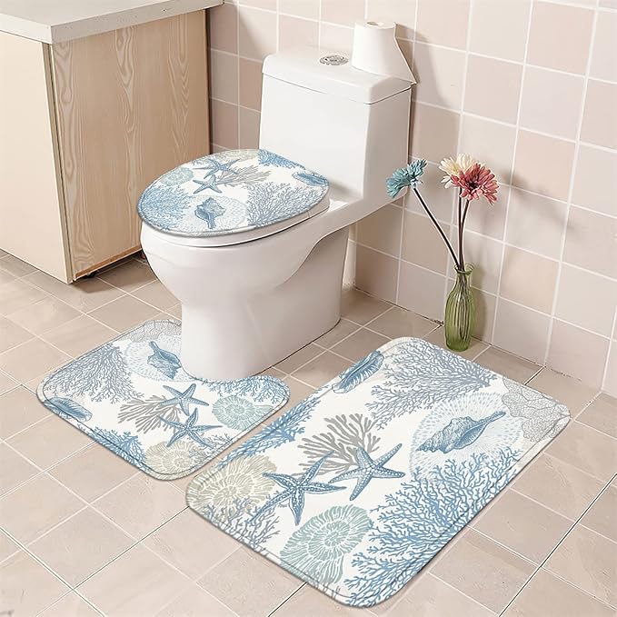 Nkzply 4 Pcs Beach Shower Curtain Set Blue Starfish Bathroom Sets with Shower Curtain and Rugs Ocean Seashell Coral Bathroom Decor Accessories Nautical Bathroom Rug Set Toilet Lid Cover 12 Hooks