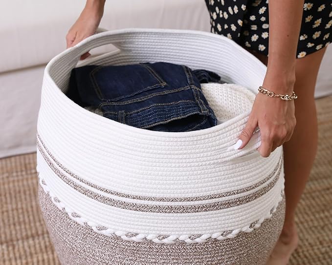 26"x20" Handcrafted Tall Cotton Rope Basket with Lid, Stylish Flagon Shape with Cover, Clothes Hamper with Top, for Bedroom and Living Room, White/Deep Camel White Mix