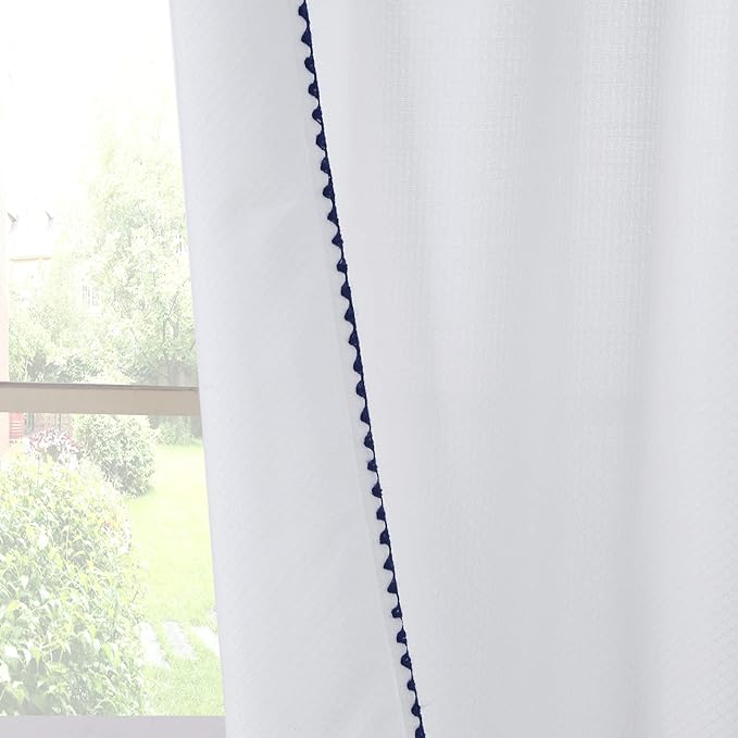 Arlene Blue Stitched Embroidery Edge Boho Window Curtain,White Tassel Panel Pair, Each 42" W x 84" L,Total 84" W x 84" L