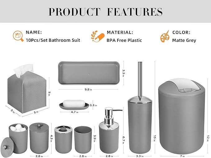 Grey Bathroom Accessories Set, 10Pcs Bathroom Accessory Set with Trash Can, Soap Dispenser and Toothbrush Holder, Soap Dish, Cotton Ball & Qtip Holder, Toilet Brush Holder, Tissue Box Cover