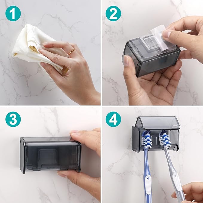 PARKMANI Toothbrush Holders Wall Mounted with Cover, Electric Tooth Brushing Holder for Bathroom, 2 Slots Self Adhesive Toothbrush Organizer, Toothbrush Stand for Family, Kids (1, Transparent Black)