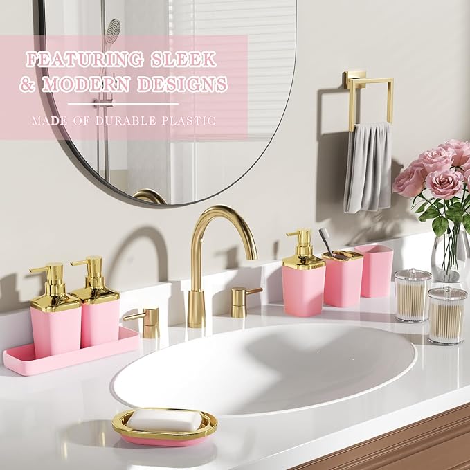 Bathroom Set — Bathroom Accessories Set, 11PC Bathroom Accessory Set, Pink Bathroom Set with Push-lid Trash Can, 3PC Soap Dispensers, Toilet Brush & Qtip Holders