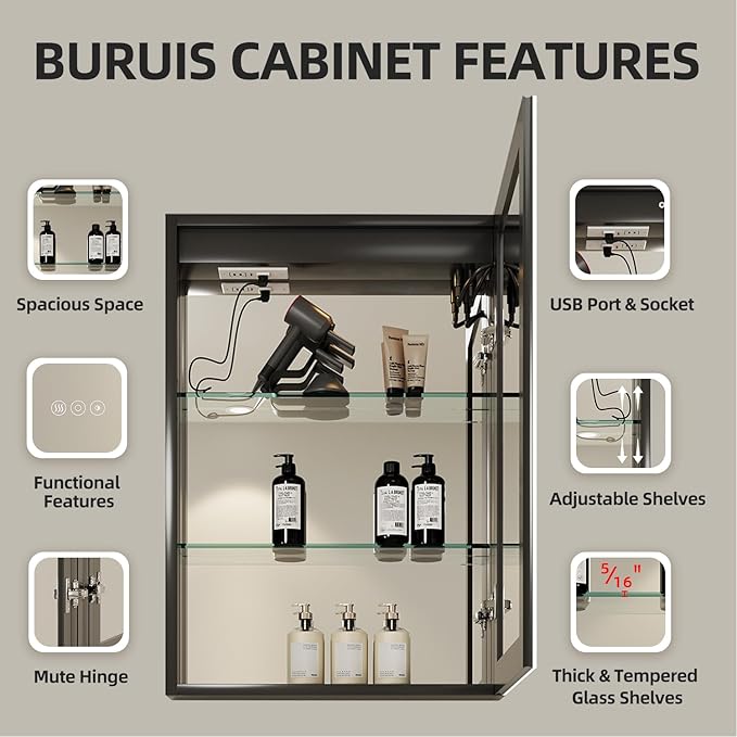 Buruis 16 x 24 Inch Medicine Cabinet with LED Lights and Mirror, Recessed/Wall Mounted Bathroom Cabinet, 3-Color Light, Defogger, Memory Function, Outlet & USB, Dimmer, Black