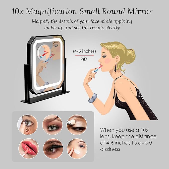 Lighted Makeup Mirror, 3 Colors for Precise Application, Touch Control Brightness Adjustment for Easy Use, with a Detachable 10x Magnifying Mirror, 12“ x 10” Hollywood Vanity Mirror for Plug-in Use