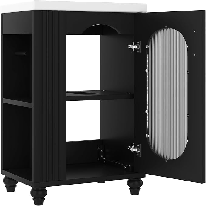 Virubi 20" Small Bathroom Vanity with Sink and Glass Door,Storage Shelf & Toilet Paper Holder,Solid Wood & MDF Modern Single Bathroom Sink Cabinet with Glass Door Freestanding,Black