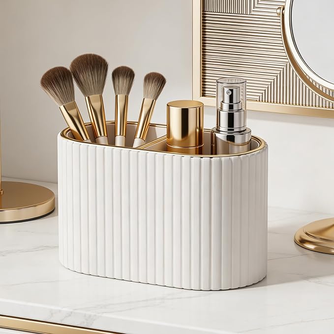 KINGFOM Makeup Brush Holder Organizer with Divider, PU Leather Vanity Brush Holder for Bathroom Countertop & Dressing Table, Cosmetic Desktop Storage Caddy for Makeup Tools Oval (Light Beige)