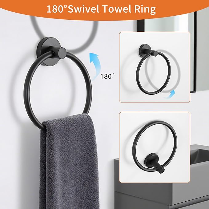 5-Piece Matte Black Bathroom Hardware Set, Towel Racks Set for Bathroom SUS304 Stainless Steel Toilet Paper Holder Wall Mounted, 24 Inch Modern Bathroom Accessories Kit