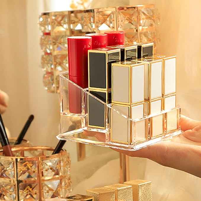 Lipstick Lip Gloss Organizer Small Clear Lipstick Holder 9 Slots Acrylic Case Essential Oil Rollerball Perfume Holder Display Cases for Brushes, Bottles
