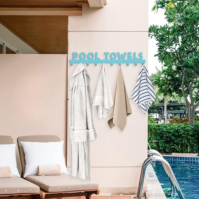 IBosins Large Pool Towel Rack with 10 Hooks, Towel Holder Wall Mounted for Outdoor, Towel Hanger for Hanging Bathrobes, Towels, Clothes - Perfect Pool Area Outside Sign and Decor (Blue)