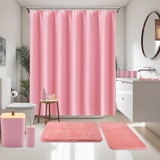 XLHOMO Bathroom Sets with Shower Curtain and Rugs, 27PCS Pink Bathroom Accessories Set with Trash Can, Pink Shower Curtain Set, No Slip Super Absorbent Bathroom Rugs
