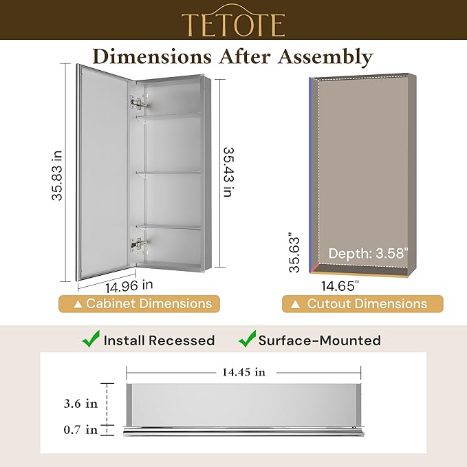 TETOTE 15 x 36 Mirrored Medicine Cabinets for Bathroom with Tempered Beveled MirrorSilverMedicine Cabinet Aluminum Cabinet DTC Hinges, Stepless Adjustable Shelves, Recessed/Surface-Mounted