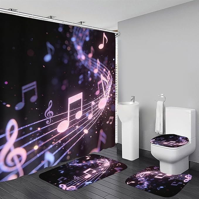 AZHM Glitter Music Note Shower Curtain Set 4 PCS Modern Black Purple Bathroom Decor Set with Non-Slip Bath Rugs, Toilet Lid Cover & U-Shaped Mat