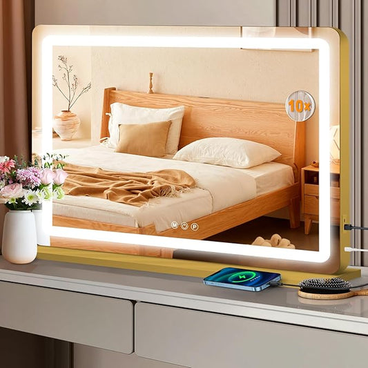 Ratsamee Vanity Mirror with Lights, Led Makeup Mirror, Lighted Makeup Mirror with 3 Color Dimmable Lights, Smart Touch Screen Control, Aluminum Metal Frame,USB Charging Port