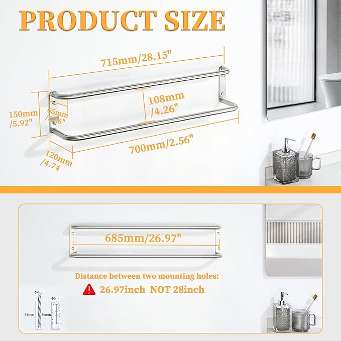 Alise Double Towel Bar,28 Inch Towel Racks for Bathroom, SUS304 Stainless Steel Towel Bar for Bathroom Wall,Quick Drying Bathroom Towel Holder Bath Towel Hanger,Brushed Nickel