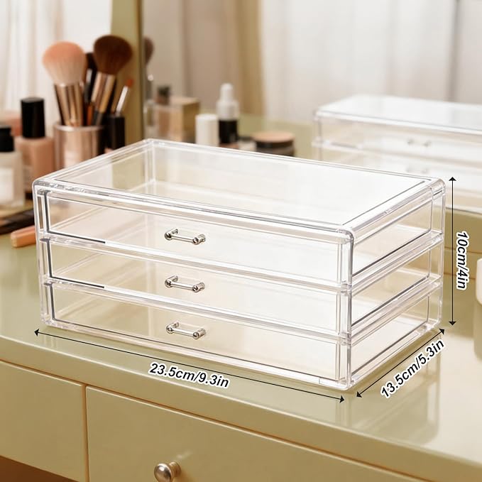 Acrylic Makeup Organizers, 9.3 X 5.3 X 4 Inch Stackable Makeup Organizer Acrylic 3 Drawer Storage Organizers Clear Stationery Organizer for Dresser, Bathroom, Vanity, Countertop